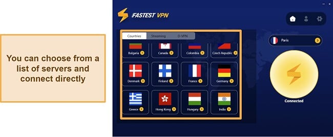 Screenshot of FastestVPN's server and connection interface