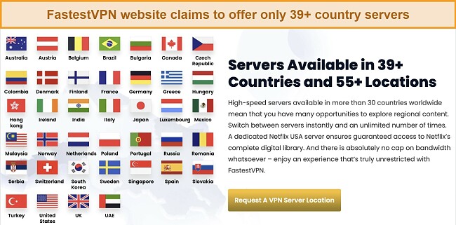 Screenshot of FastestVPN website claim of servers and live chat