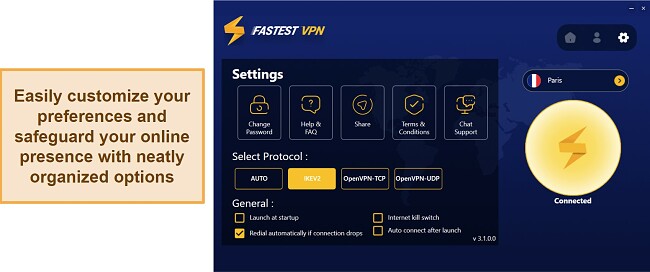 Screenshot of FastestVPN's settings page