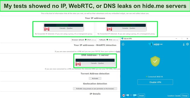 Screenshot of IP and DNS leak test carried out on a hide.me server