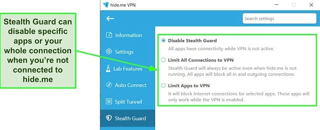 Screenshot of Stealth Guard settings in hide.me's Windows app