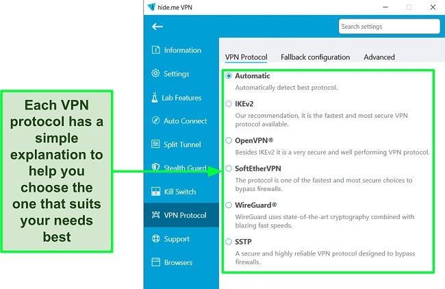 Screenshot of hide.me's VPN protocol list
