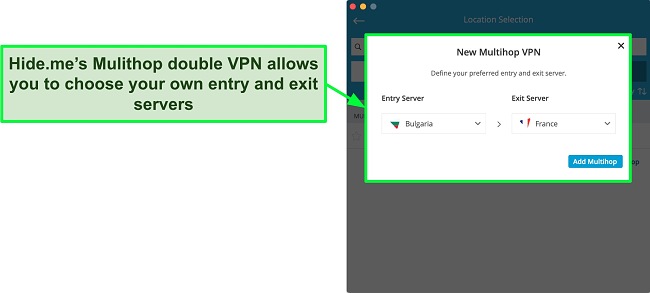 Screenshot of creating a Multihop double VPN connection on hide.me's MacOS app