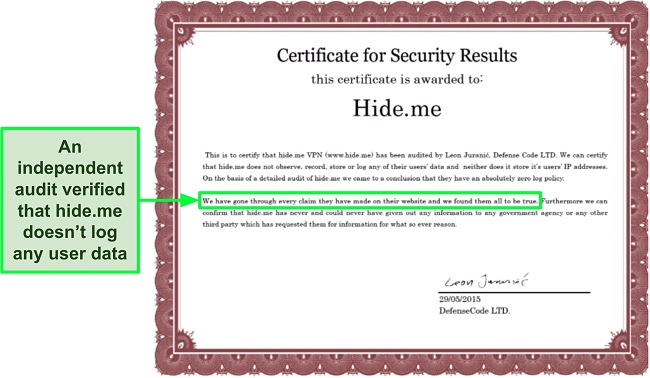 Screenshot of the security certificate awarded to hide.me to confirm its no-logging policy