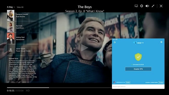 Screenshot of hide.me working with Amazon Prime Video