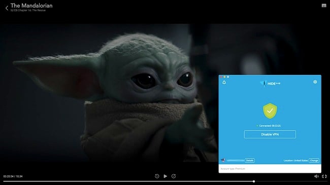 Screenshot of hide.me working with Hulu