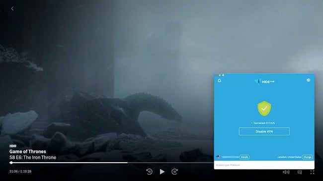 Screenshot of hide.me working with HBO Max