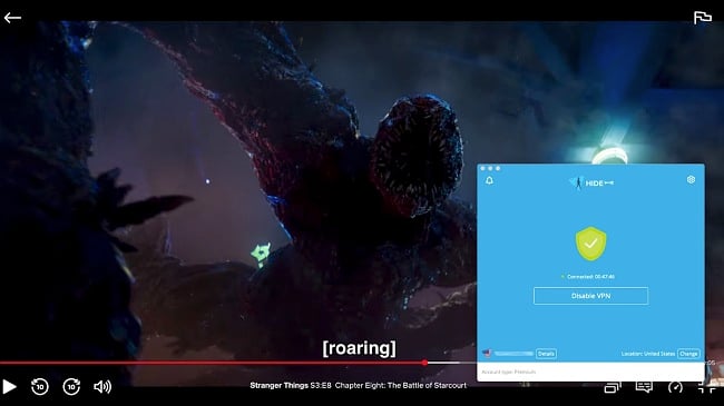Screenshot of hide.me while streaming Stranger Things on Netflix