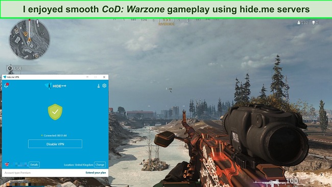 Screenshot of Call of Duty: Warzone gameplay with hide.me server connection