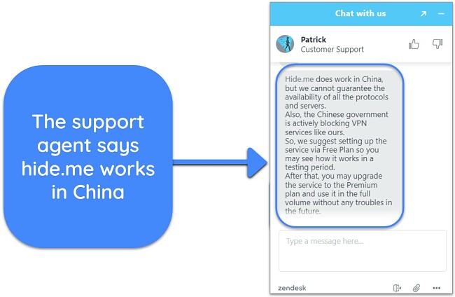 Screenshot of live chat agent confirming that hide.me works in China