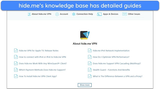 Screenshot of hide.me knowledge base on its website