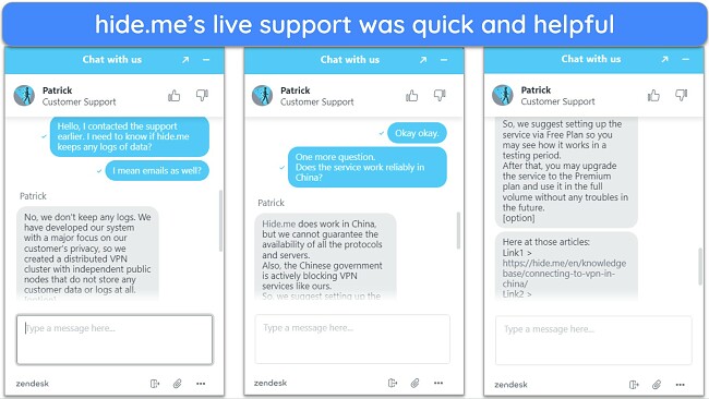 Screenshot of chat with hide.me's live agent