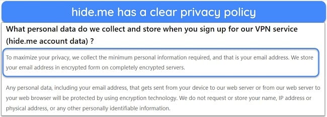 Screenshot of hide.me's privacy policy