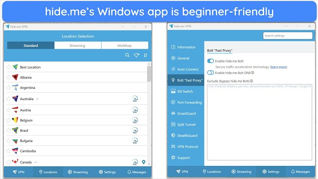 Screenshot of hide.me Windows interface