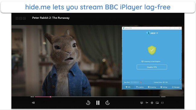 Screenshot of Peter Rabbit 2: The Runaway playing on BBC iPlayer while connected to hide.me