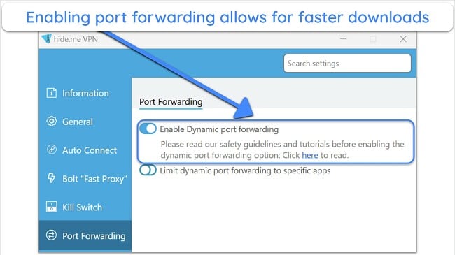 Screenshot of hide.me Windows app interface showing port forwarding on