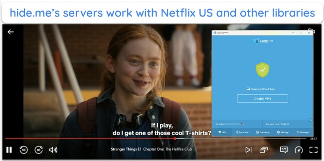 Screenshot of Stranger Things playing on Netflix US while connected to hide.me