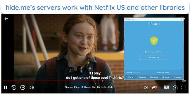 Screenshot of Stranger Things playing on Netflix US while connected to hide.me