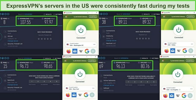 speed test results from Ookla with ExpressVPN connected to different US servers.