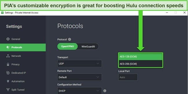screenshot of PIA's Windows app, highlighting the customizable encryption option.