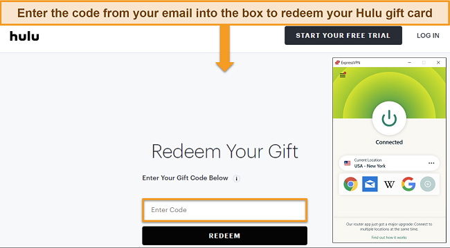 Screenshot of Hulu's gift card redemption page on the website, with ExpressVPN connected to a US-New York server. Deeplink: Hulu