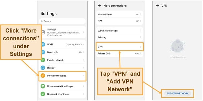 Screenshot of the Android settings showing how to manually add a VPN profile