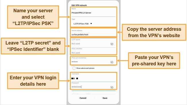 Screenshot of PrivateVPN manual configuration details in Android built-in VPN profile connection settings