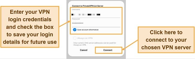 Screenshot of PrivateVPN username and password in Android built-in VPN profile connection settings