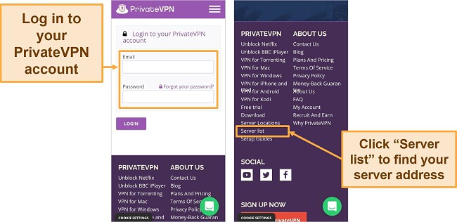 Screenshot of PrivateVPN login screen and server list in Google Chrome browser on Android