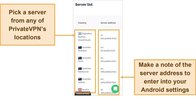 Screenshot of PrivateVPN server list in Google Chrome browser on Android