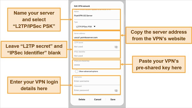 Screenshot of PureVPN manual configuration details in Android built-in VPN profile connection settings