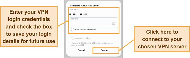 Screenshot of PureVPN username and password in Android built-in VPN profile connection settings