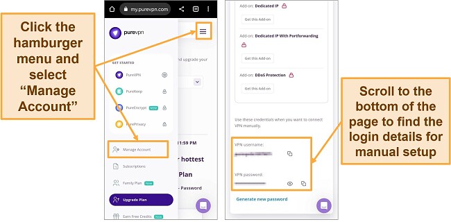 Screenshot of PureVPN menu and login details in Google Chrome browser on Android