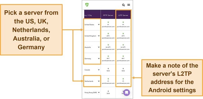 Screenshot of PureVPN server list with addresses in Google Chrome browser on Android