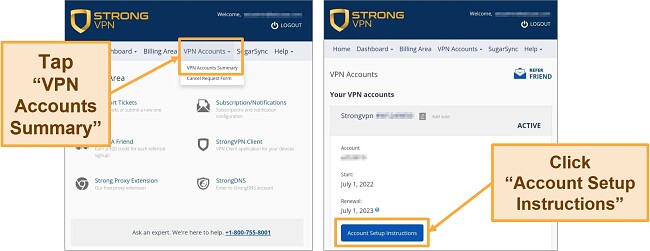 Screenshot of StrongVPN account details and setup instructions button in Google Chrome browser on Android