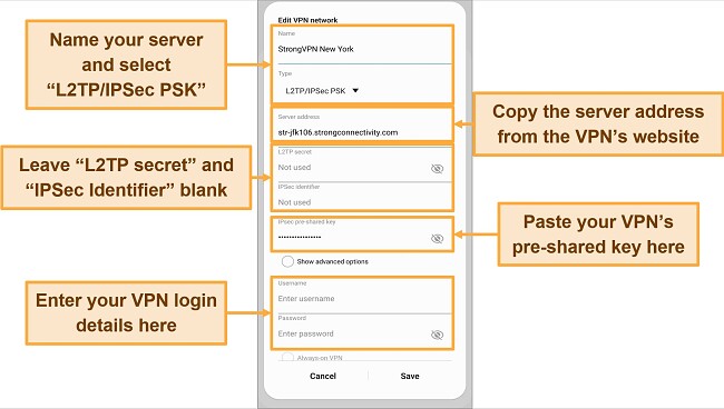 Screenshot of StrongVPN manual configuration details in Android built-in VPN profile connection settings