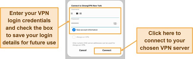 Screenshot of StrongVPN username and password in Android built-in VPN profile connection settings