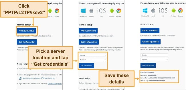 Screenshot of StrongVPN manual configuration credentials in Google Chrome browser on Android