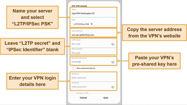 Screenshot of VyprVPN manual configuration details in Android built-in VPN profile connection settings