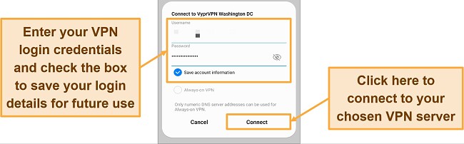 Screenshot of VyprVPN username and password in Android built-in VPN profile connection settings