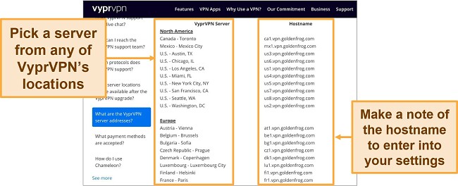 Screenshot of VyprVPN server list and hostnames on PC browser