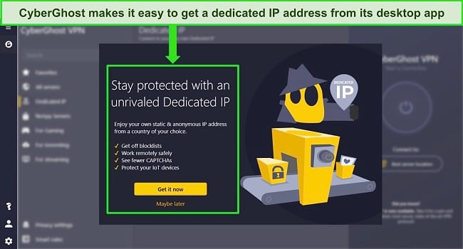 Screenshot of CyberGhost's Windows app showing the dedicated IP address add-on.