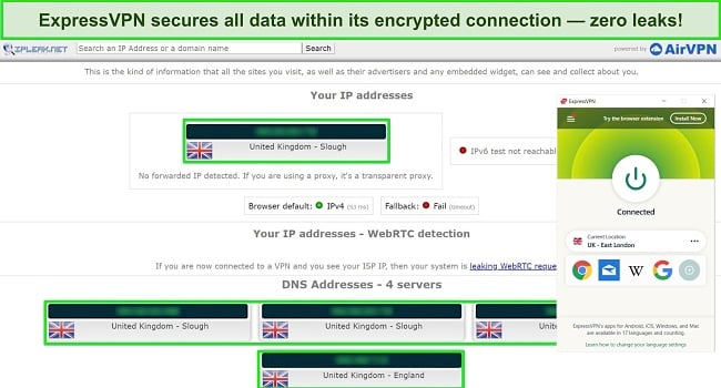 Screenshot of IPLeak.net showing the results of a leak test with no data leaks, plus the ExpressVPN Windows app connected to a UK - London server.