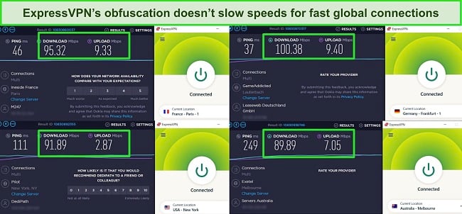 Screenshots of Ookla speed test results with ExpressVPN connected to servers in Australia, France, Germany, and the US.