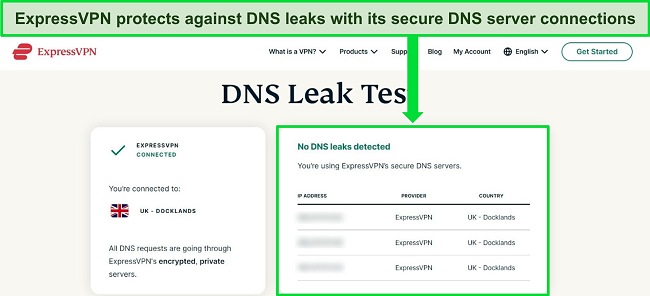 Screenshot of ExpressVPN's DNS leak test on its website, showing a connection to an ExpressVPN UK server and zero DNS leaks.