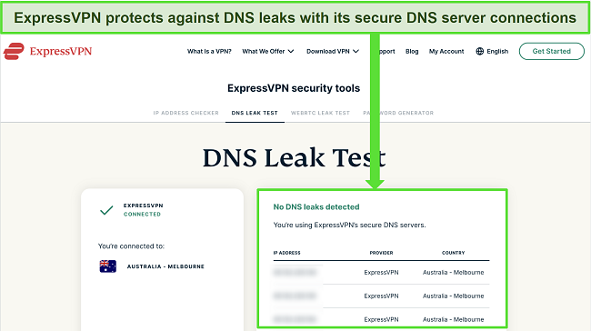 Screenshot of ExpressVPN's online DNS leak test tool
