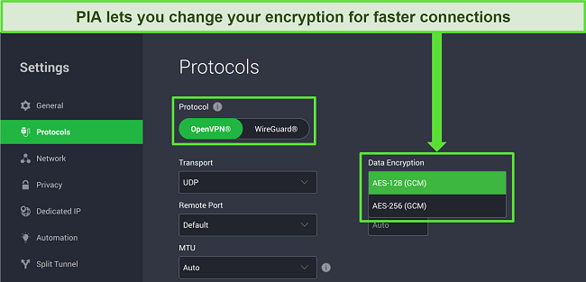 Screenshot of PIA's customizable protocol and encryption settings
