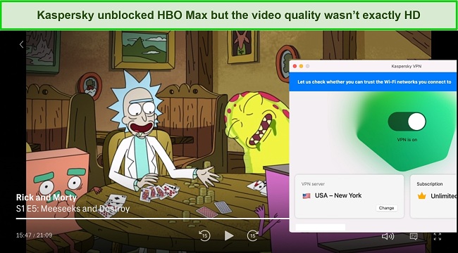 Screenshot of Kaspersky Secure Connect unblocking HBO Max