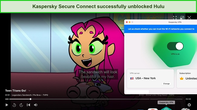 Screenshot of Kaspersky Secure Connect unblocking Hulu