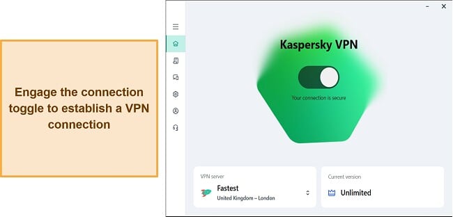 Screenshot of the connection interface for Kaspersky Secure Connection